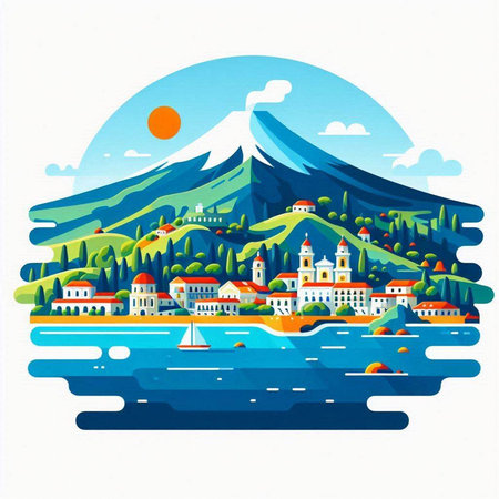 Landscape with mountains, rivers and cityscape. Vector illustration.のイラスト素材
