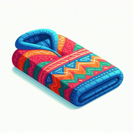 Illustration of a bed with a colorful pattern on a white backgroundのイラスト素材