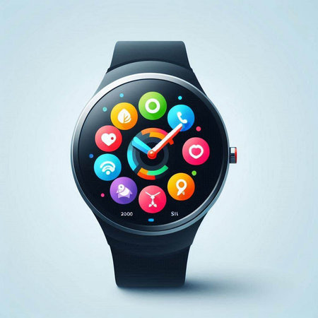 Smart watch with colorful application icons on the screen. Vector illustration.のイラスト素材