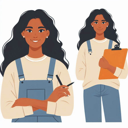 Young african american woman with clipboard and pen. Vector illustrationのイラスト素材