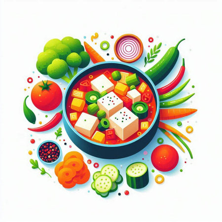 Vegetable salad with tofu, tomato, cucumber, bell pepper, onion and parsley. Vector illustration.のイラスト素材