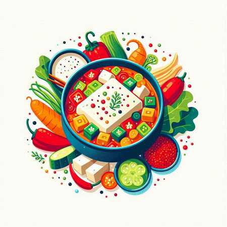 Vegetable soup with tofu, tomato, cucumber, pepper, onion and parsley. Vector illustration.のイラスト素材