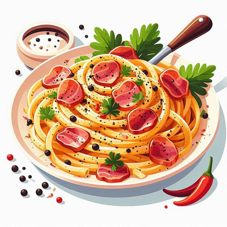 Spaghetti with tomato sauce and parsley in a plate. Vector illustration.のイラスト素材