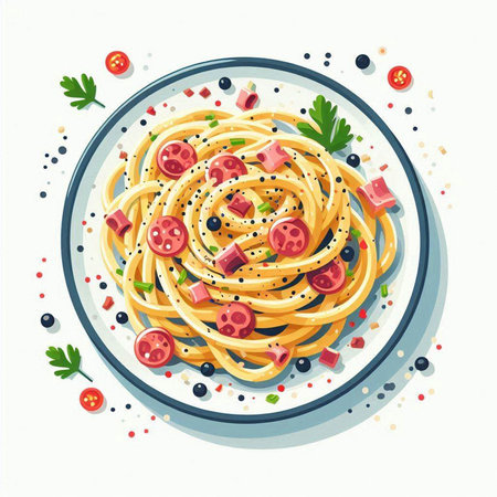 Spaghetti pasta with tomato sauce, olives and parsley. Vector illustrationのイラスト素材
