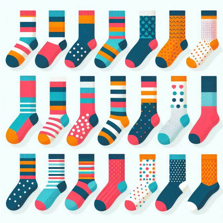 Set of colorful socks with different patterns. Vector illustration in flat styleのイラスト素材