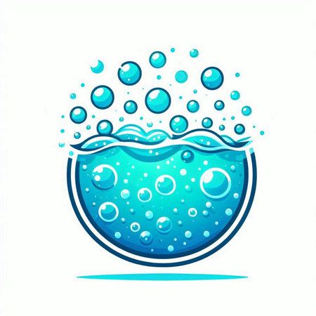 Illustration of a blue water bowl with bubbles on a white backgroundのイラスト素材