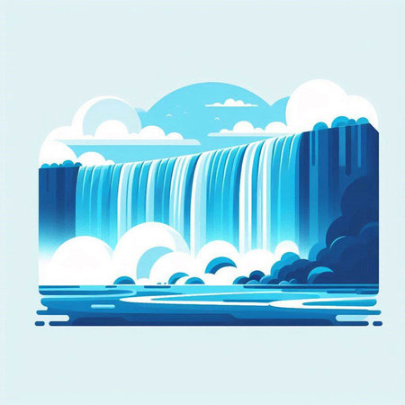 Waterfall in the blue sky with clouds. Vector illustration for your designのイラスト素材