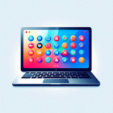 Laptop with colorful application icons on the screen. Vector illustration.のイラスト素材