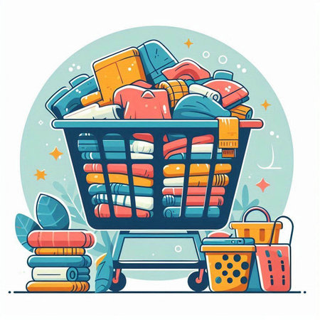 Vector illustration of shopping cart full of clothes and accessories. Shopping concept.のイラスト素材