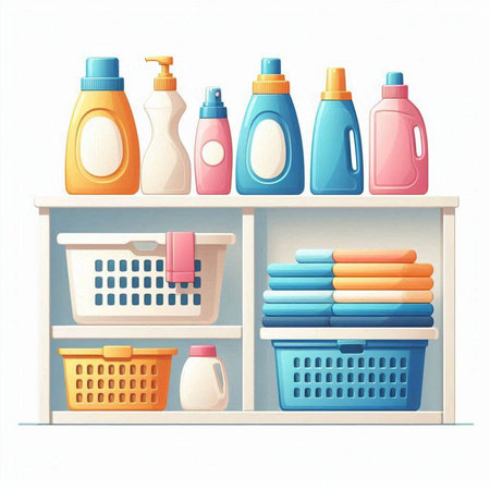 Illustration of a shelf full of cleaning products on a white backgroundのイラスト素材