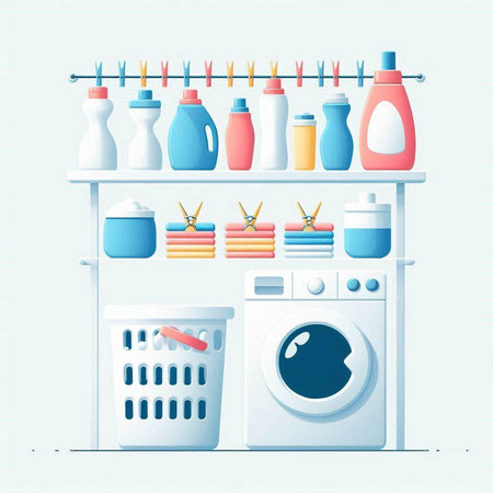 Laundry room with washing machine and cleaning products. Vector illustration.のイラスト素材