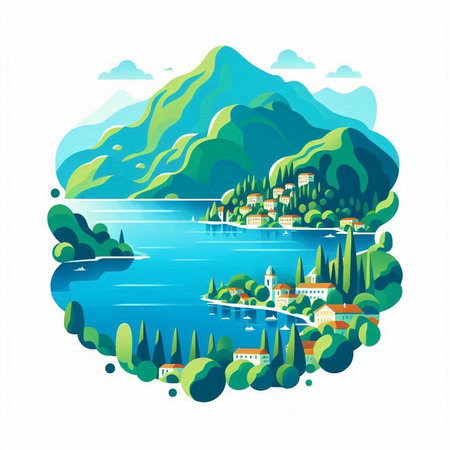 Landscape of the island of Bled, Slovenia. Vector illustration.のイラスト素材
