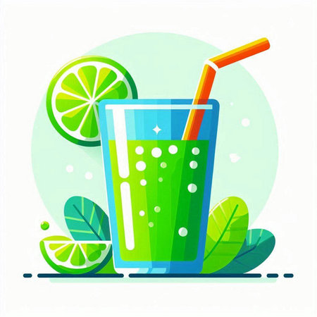 Vector illustration of a glass of fresh smoothie with lime and strawのイラスト素材