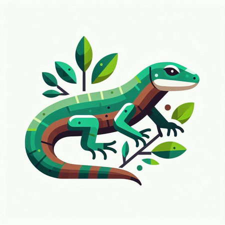 Lizard on the branch with leaves. Vector illustration in flat style.のイラスト素材