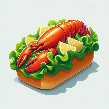 Lobster with lettuce and lemon on a sandwich. Vector illustration.のイラスト素材
