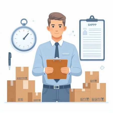 Man holding clipboard and checking parcels. Stock vector illustration isolated on white background.のイラスト素材