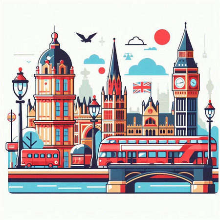 London, United Kingdom, vector illustration in flat style with famous landmarks.のイラスト素材