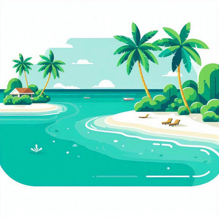 Tropical island with palm trees and sandy beach. Vector illustrationのイラスト素材