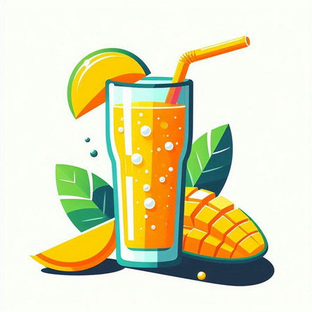 Mango smoothie in a glass with a straw. Vector illustration.のイラスト素材