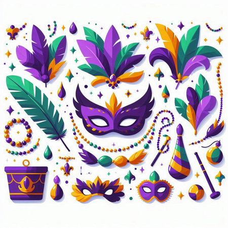 Mardi gras carnival masks and accessories set. Vector illustrationのイラスト素材