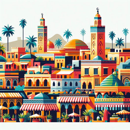 Colorful city background with mosque, shop and palm trees. Vector illustration.のイラスト素材