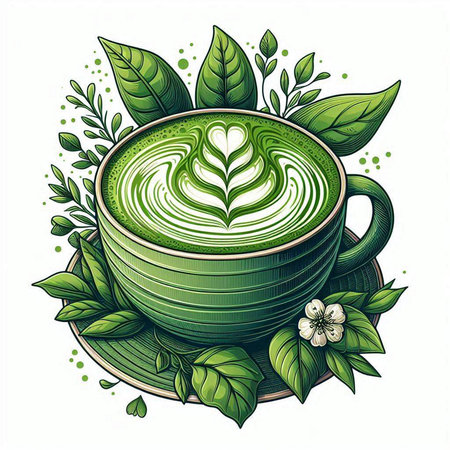 Green tea latte cup with leafs and flowers. Vector illustration.のイラスト素材