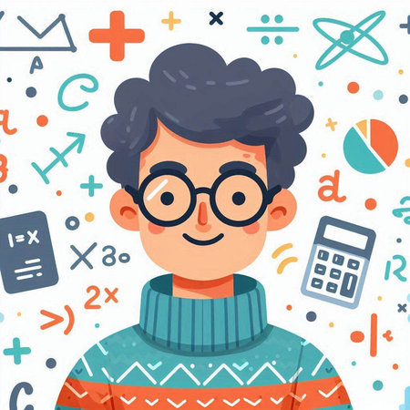 Vector illustration of a boy in glasses and a sweater with mathematics symbolsのイラスト素材