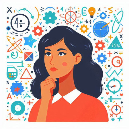 Vector illustration of a young woman thinking about something. The concept of brainstorming.のイラスト素材