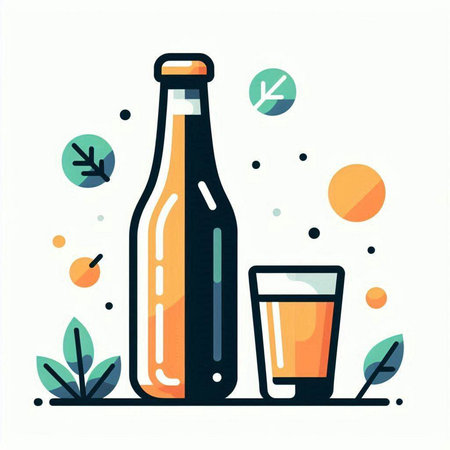 Bottle of beer, glass and leaves. Vector illustration in flat styleのイラスト素材