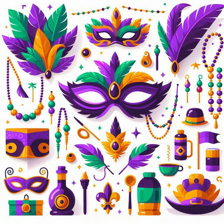 Mardi Gras carnival masks and accessories set. Vector illustrationのイラスト素材