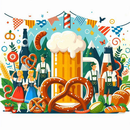 Oktoberfest festival. People in traditional Bavarian clothes with beer and pretzel. Vector illustrationのイラスト素材