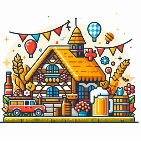 Vector illustration of a beer festival in Bavaria, Germany. Colorful cartoon style.のイラスト素材