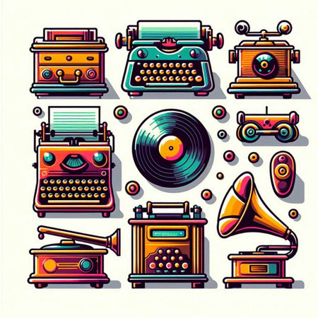 Retro style vector icons set. Colorful illustrations of different types of radio, gramophone, typewriter, gramophone, vinyl record. Isolated on white background.のイラスト素材