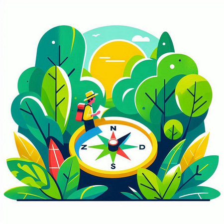 Traveler with compass in the forest. Vector illustration in flat styleのイラスト素材