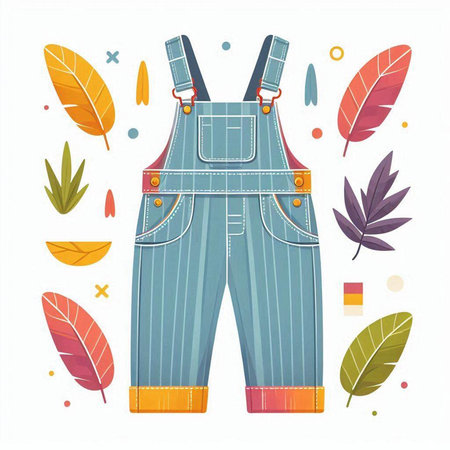 Vector illustration of blue denim overalls with suspenders and feathers.のイラスト素材