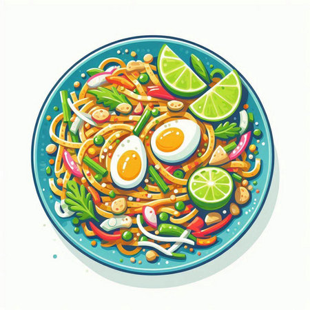 Illustration of a bowl of noodle with egg and vegetables.のイラスト素材