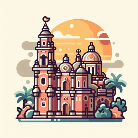 Colorful vector illustration of indian temple in flat design style.のイラスト素材