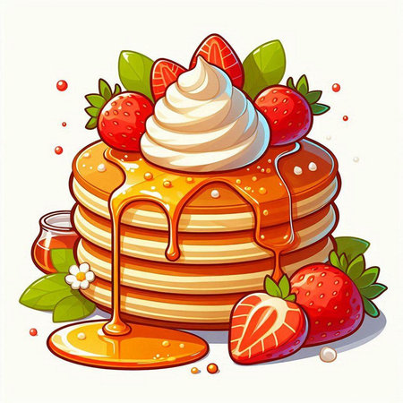 Illustration of a stack of pancakes with strawberries and honey on a white backgroundのイラスト素材