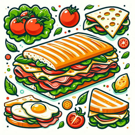 Vector illustration of sandwich with ham, cheese, tomato and egg.のイラスト素材