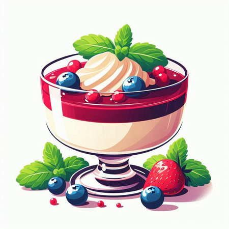 Vector illustration of a glass cup with cream, berries and mint.のイラスト素材