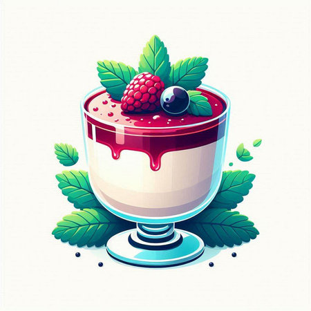 Panna cotta with berries and mint. Vector illustration in retro style.のイラスト素材