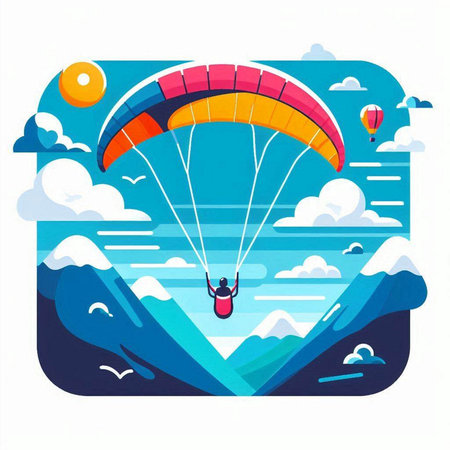Paraglider flying in the blue sky with clouds. Vector illustrationのイラスト素材