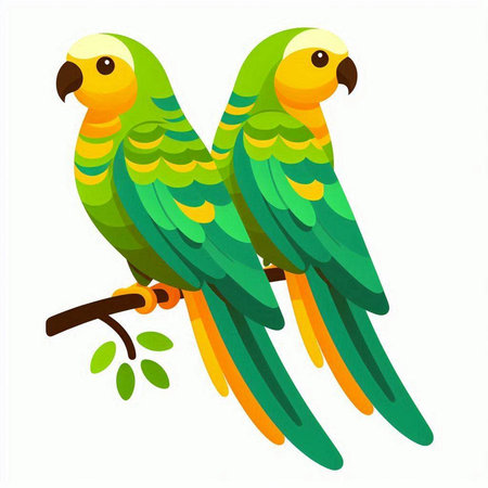 Two green parrots on a branch isolated on white background. Vector illustration.のイラスト素材