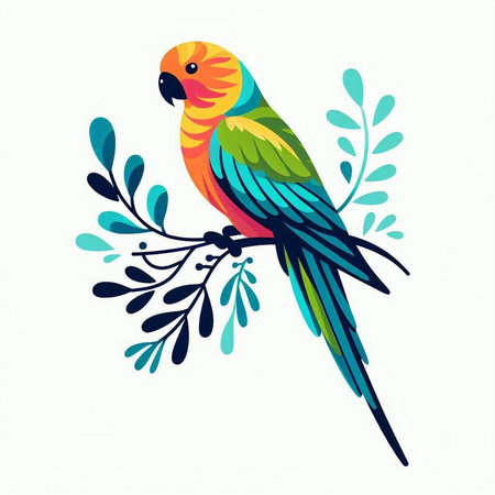 Parrot on a branch with leaves. Colorful vector illustration.のイラスト素材