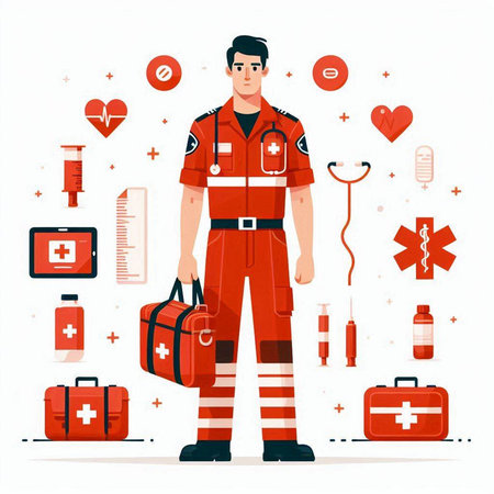 Vector illustration of a paramedic in uniform with a set of medical equipment.のイラスト素材