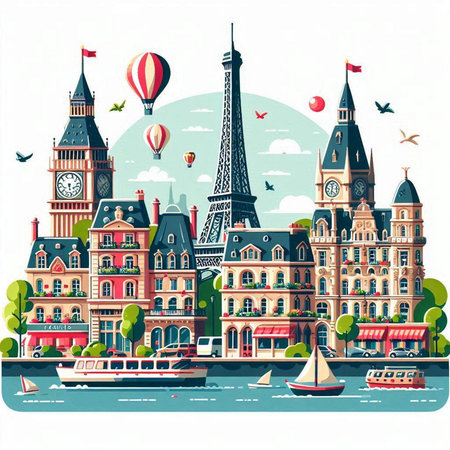 Cityscape of Amsterdam, Holland. Vector illustration in retro style.のイラスト素材