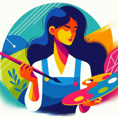Artist woman painting with palette and brush on colorful background. Vector illustration.のイラスト素材