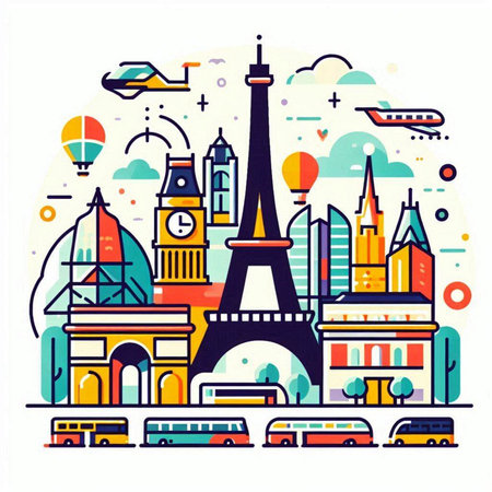 Vector illustration of Paris city with famous buildings, monuments and landmarks.のイラスト素材