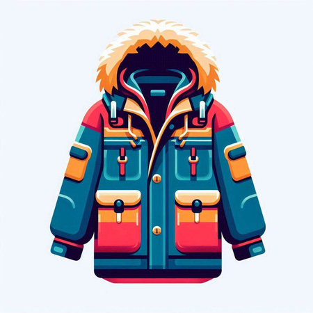 Vector illustration of winter jacket with hood. Winter clothing for cold weather.のイラスト素材