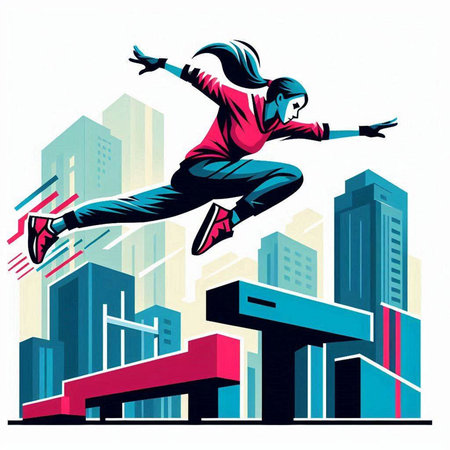 Vector illustration of a girl jumping on a background of the city.のイラスト素材